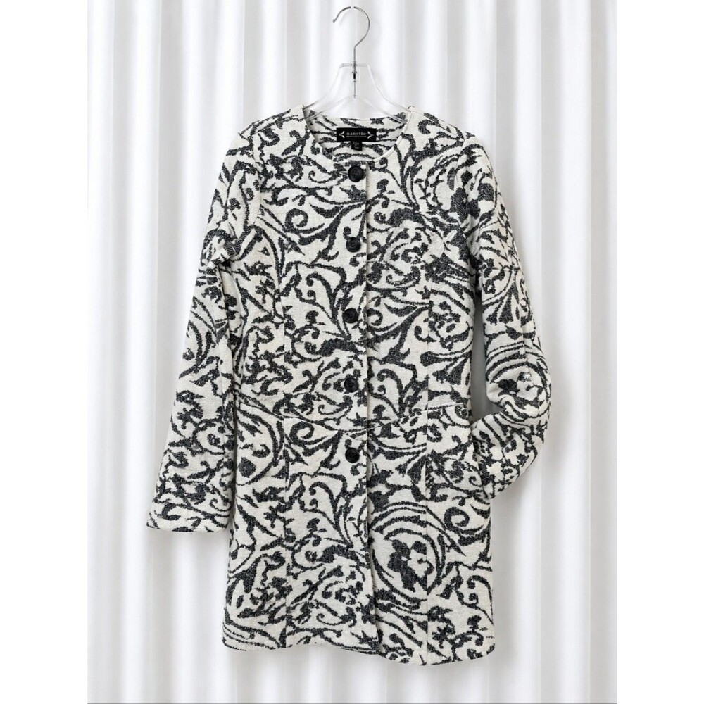 Nanette Lepore Damask Wool Blend Charcoal Gray Off White Jacquard Chic Knit Coat